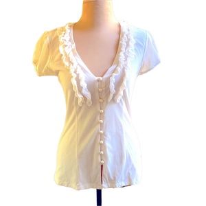 New York & Company cream v neck stretch mesh top with ruffles